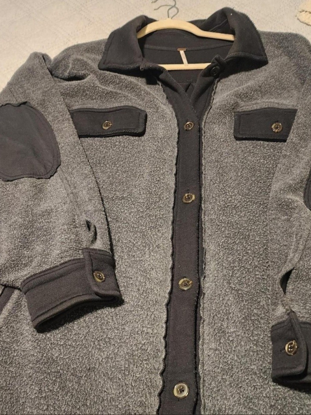 Free People Gray Sherpa Shirt Jacket with Dark Trim